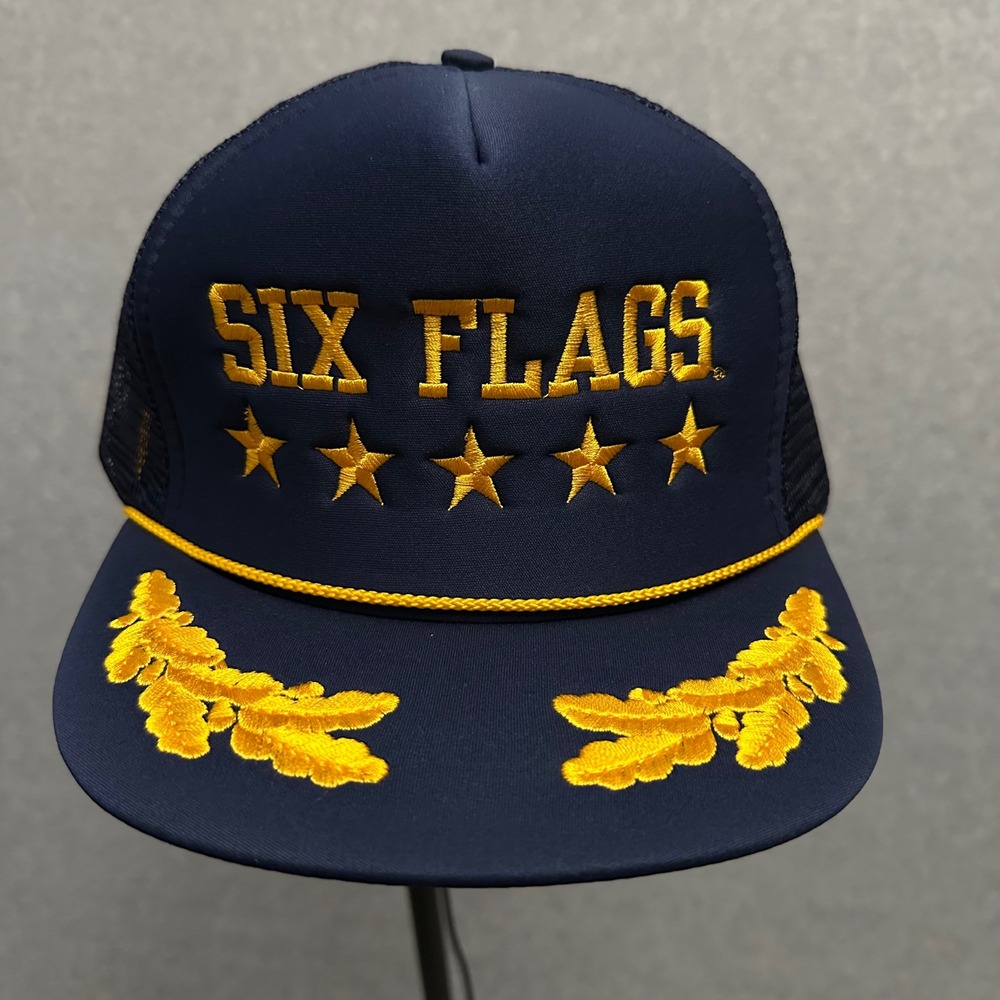 VTG 80s Six Flags Trucker Hat Unisex OSFA Navy Blue Yellow Scrambled Eggs New